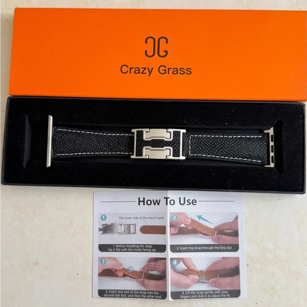 CRAZYGRASS Magnetic Black Leather Strap Watch Band Women Square Smartwatch